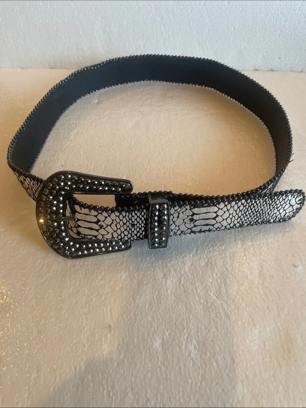 Statement wide Belt Western embellished bling rhinestones silver black women’s M
